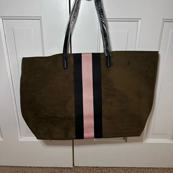 NWOT-Neiman Marcus Olive Green and  Pink Canvas Tote Bag with Minimalist Design - Picture 6 of 7